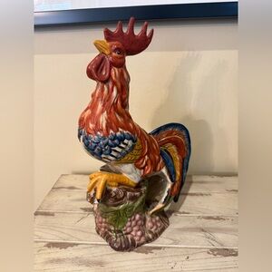 Vintage Hand Painted Ceramic Majolica Rooster Figurine French Country Kitchen